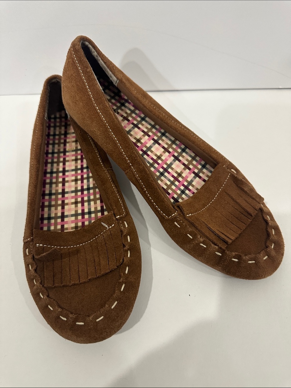 Lands' End Brown Suede Fringe Moccasins, Size 7